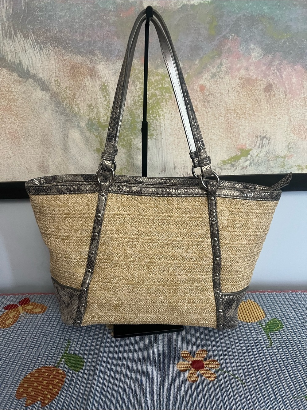 Coach 2013 Alexandra Straw Tote with Exotic Python Leather Trim - Picture 8 of 14